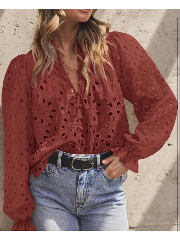 NEW Long Sleeve Button V Neck Hollow Out Lace Embroidered Shirt S - Image 8