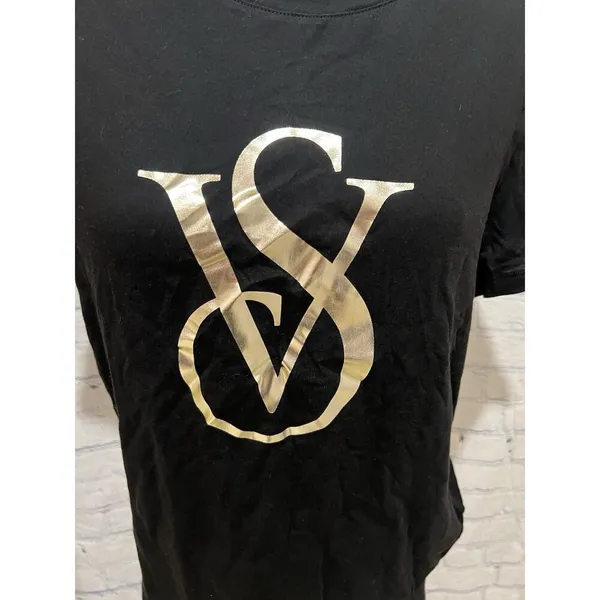 Victorias Secret women’s Black VS Silver Logo Short Sleeve Top Shirt Medium - Image 2