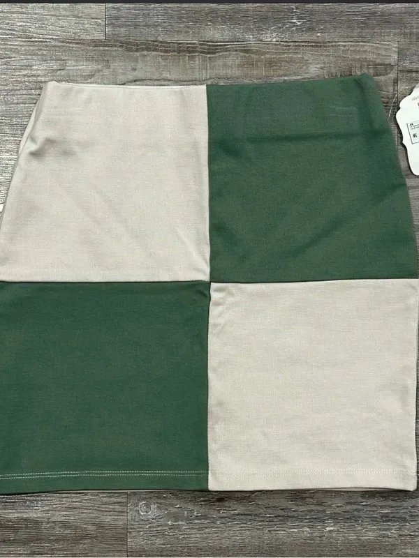 Altar'd State Two-Tone Patchwork Mini Skirt in Cream and Olive - Image 2