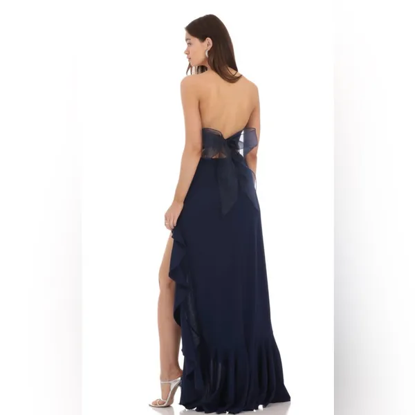 Lucy in the Sky Strapless Navy Back Bow Corset Maxi Dress - Image 2