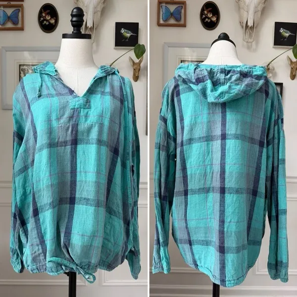 Vintage 90s Plaid Pullover Hoodie Cotton Pockets OSFM - Image 2