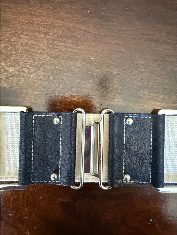 Wide Elastic Stretch Belt with Black Faux Leather and Silver Buckle - Image 2