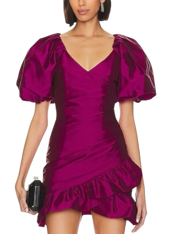 MISA Los Angeles - NWT Magenta Taffeta Puff Sleeve Ruffle Mini Dress Sz M - Image 2