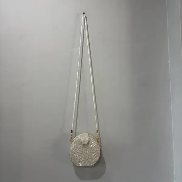 vintage white beaded‎ round Shape Structured purse Gold Hardware Formal Fancy - Image 6