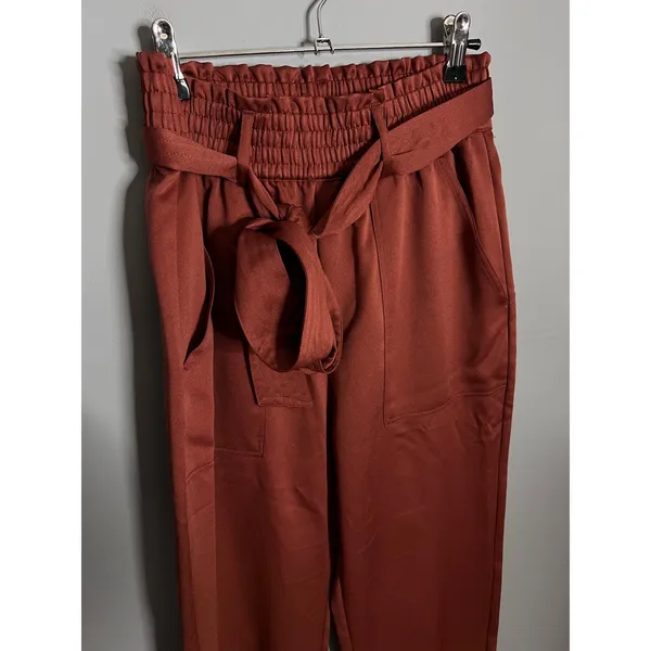 Abercrombie‎ Terra Cotta Satin Jogger Pants Paperbag Waist Tie Belt Size Small - Image 3