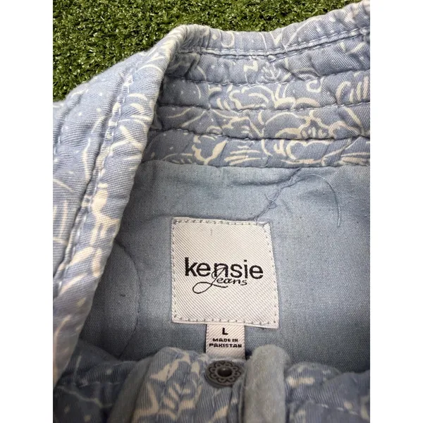 Kensie Jeans Women Blue Floral Quilted Snap Front Mock Neck Jacket Cotton Large - Image 7