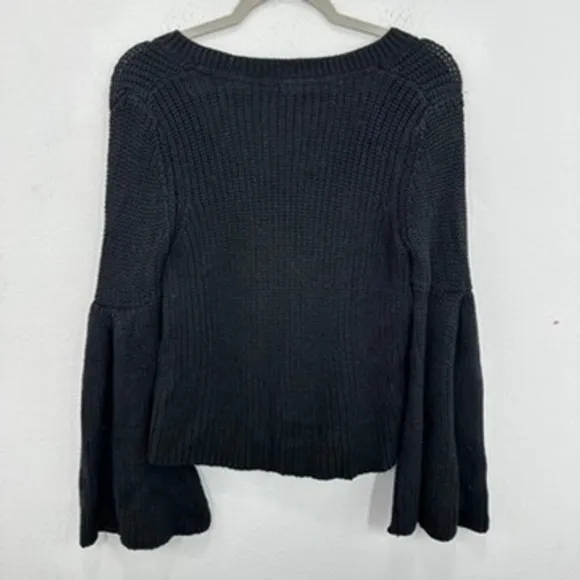 Free People Sweater XS Black Cotton Blend V Neck Knit Bell Sleeve Pullover‎ - Image 5