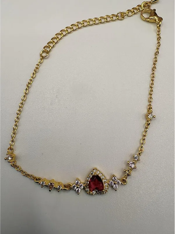 Gold Tone Chain Bracelet with Heart-Shaped Red Stone and Crystal Accents - Image 3
