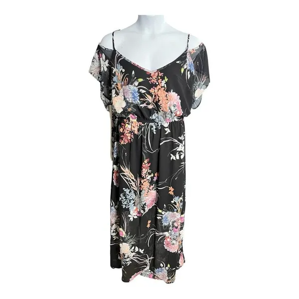 City Chic Black Floral Maxi Dress Size XL/22 Cold Shoulder Summer - Image 2