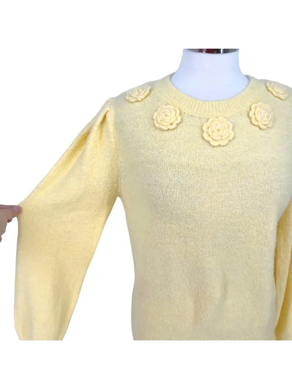 Joie Floral Embellished Puff Sleeve Sweater Cottagecore Coquette Yellow Small - Image 3