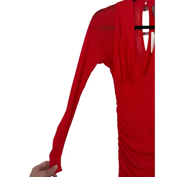 NWT Anthropologie Womens V-Neck Ruched Mesh Long Sleeve Mini Dress Red Size XS - Image 12