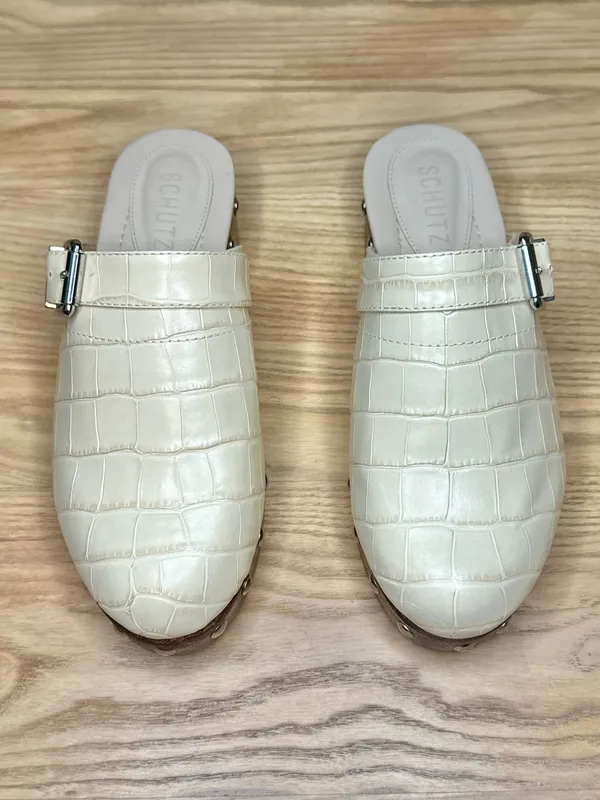Schutz Smooshy Croc Embossed Clog Mules Wooden Heel Studded Buckle - Image 3