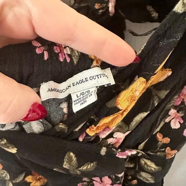 American Eagle Outfitters Black Tie Back Floral Pink Orange Jumpsuit Size L - Image 7