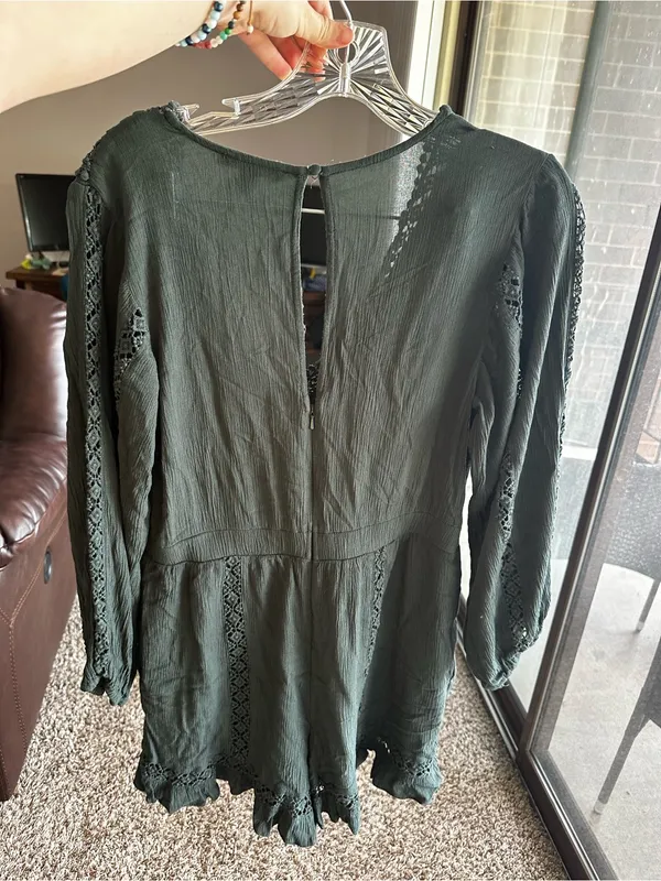 American Eagle Outfitters Dark Green Crochet-Trim Long-Sleeve Romper - Image 2