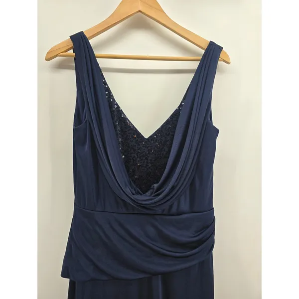 ML Monique Lhuillier Gown Womens 10 Sequin Cowl Neck Navy Blue Ruched EUC - Image 2