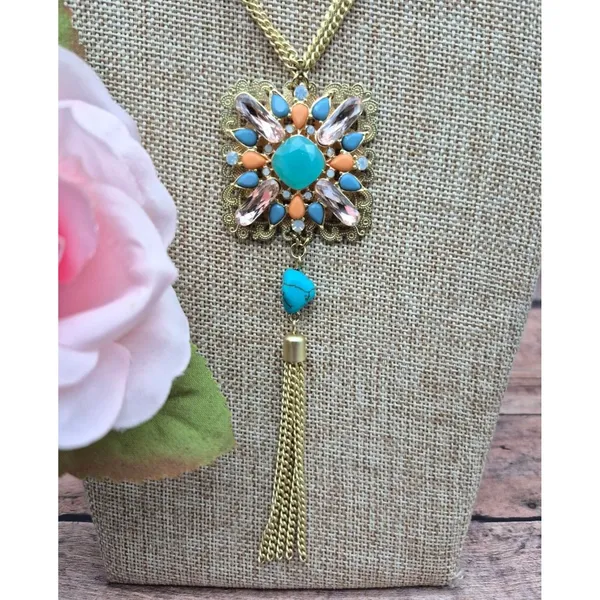 Gold Tone Multi Chain Long Pendant Necklace Tassel Accent Rhinestones 32" - Image 2