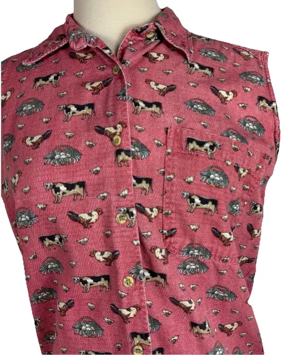 Country Chic Sleeveless Button Up Farm Print Vtg Cotton Cows Chicken Red - Image 4