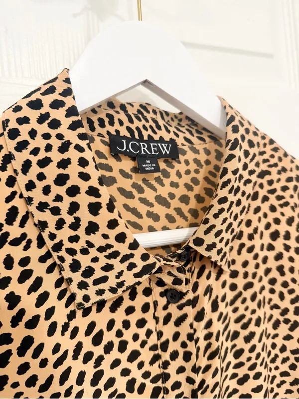 J.Crew Leopard Print Shirt Dress Pleated Hem Long Sleeve Brown Black Size M - Image 3