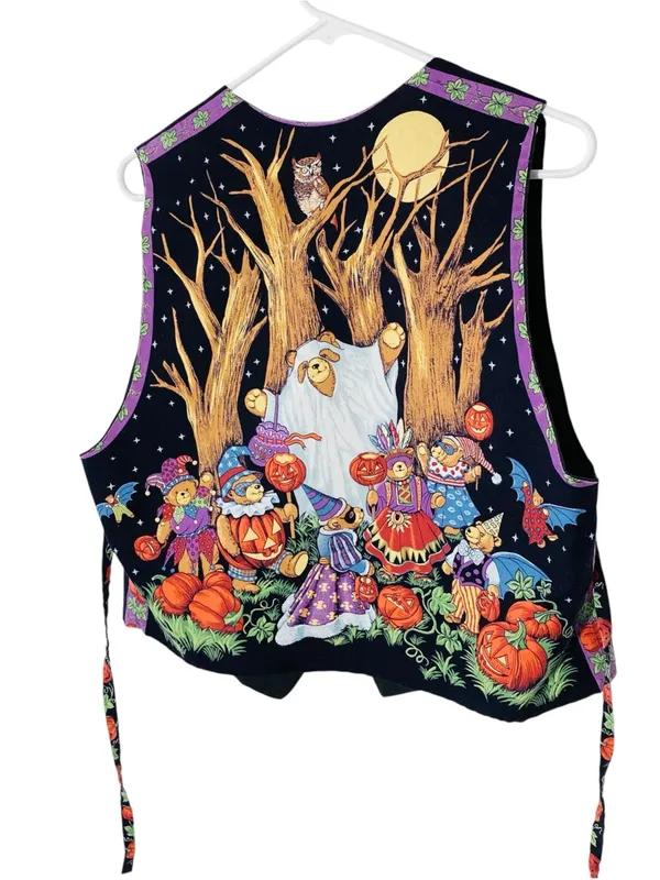 VINTAGE Halloween Bears Vest Black Size XL - Image 4