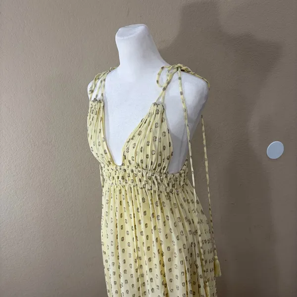 En Creme Womens Deep V-Neck Light Yellow Maxi Dress Sz S Wedding Party Beach EUC - Image 5