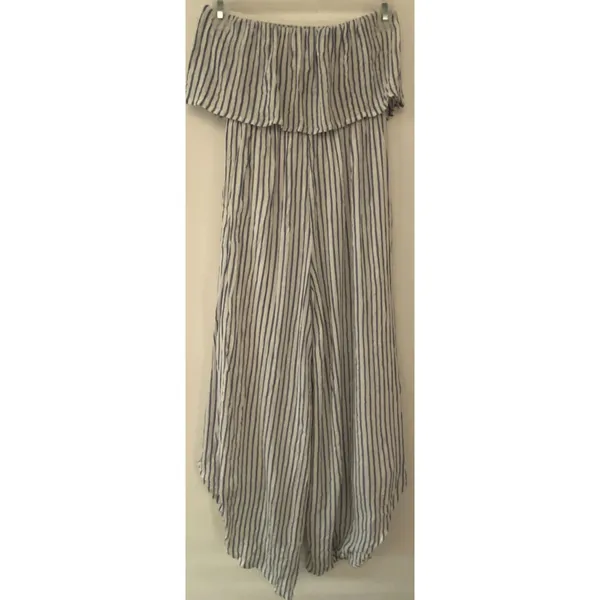 Japna Blue White Striped Tube Top Strapless Capri Pantsuit Women's Sz XS - Image 2