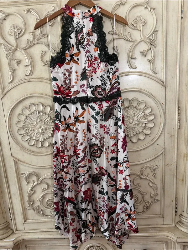 by Anthropologie Floral Lace-Trim Midi Dress in White with Red & Pink Blooms S-8 - Image 11