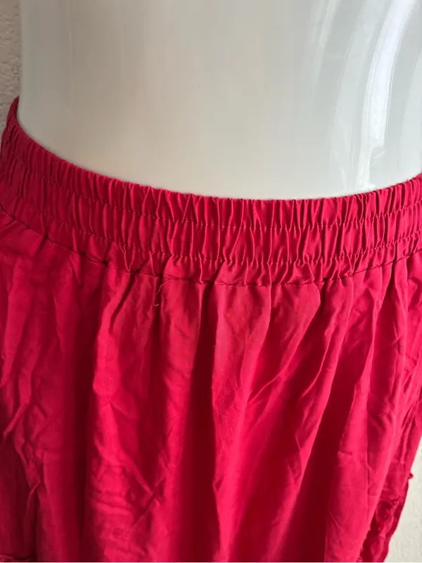 Tiered Pockets Solid Red Color High Waist Flowy Boho Mid Skirt M - Image 7