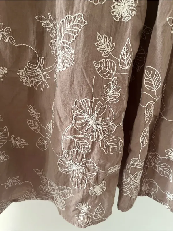 100% Cotton Brown White Floral Embroidered Midi Skirt Large Cottagecore Earthy - Image 3