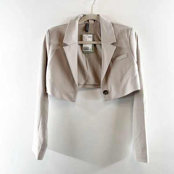 H&M Cropped Blazer Jacket Grey Tan XS - Image 3