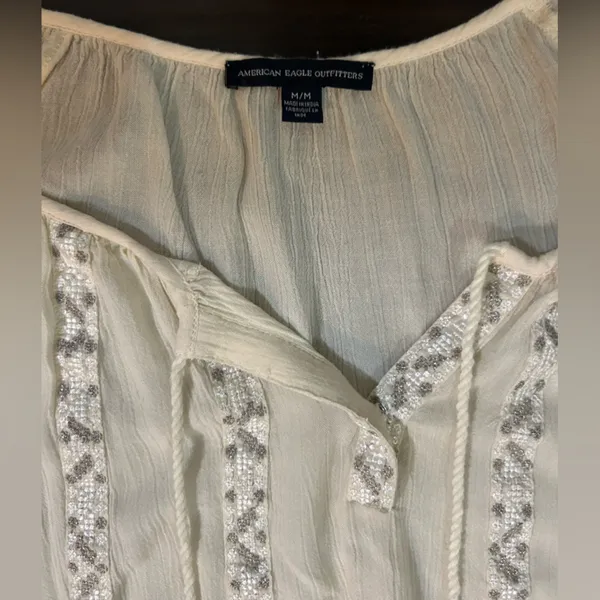 American Eagle Cream Long Puff Sleeve Blouse with Lace & Bead Detail M - Image 3