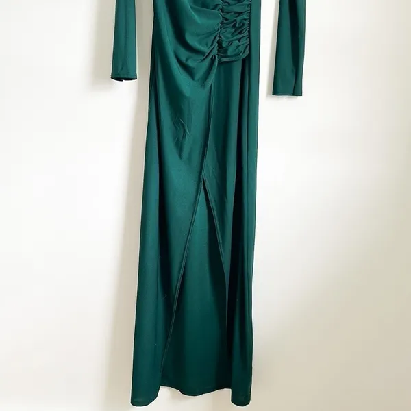 Boohoo Dark Green Long Sleeve High Slit Ruched Side Maxi Dress sz 8 - Image 6