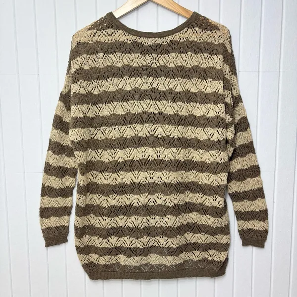 Peruvian Connection Vintage‎ Crochet knit Brown and Cream Striped Sweater Size L - Image 6