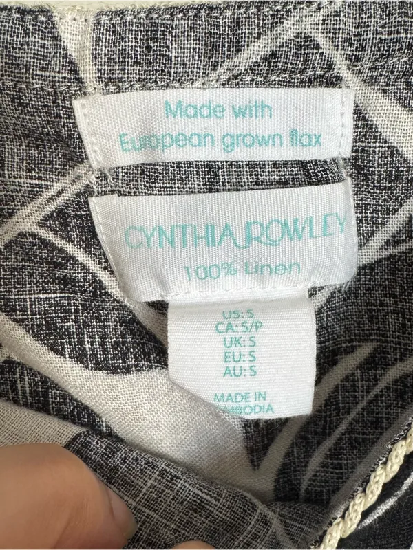Cynthia Rowley Black White Leaf Print 100% Linen Blouse Crop Beach Size S - Image 5