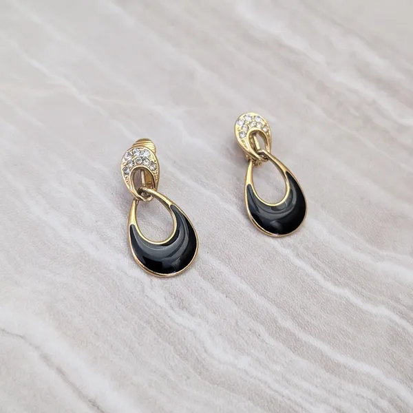 Vintage Clip On Earrings Stylish Gold Tone with Black Enamel & Clear Gems - Image 4