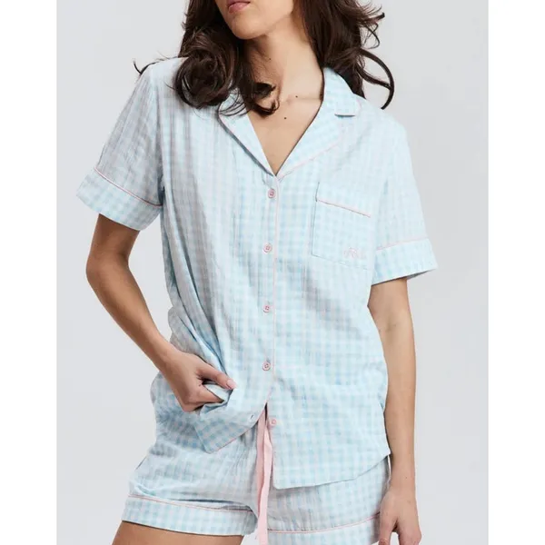 All for Mimi Gingham PJ Short Sleeve Top & Short Set Size XS Blue Pink - Image 3