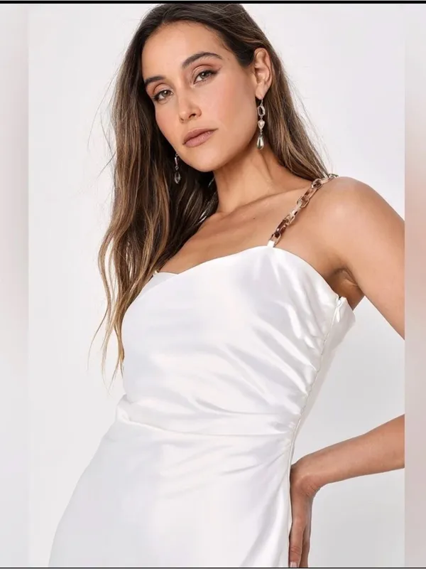 Lulu's White Satin Chain Strap,Slip Midi with Side Slit Size Medium - Image 3