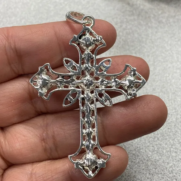 Silver Tone Cross Rhinestone Ornate Pendant Necklace Statement Religious Faith - Image 5