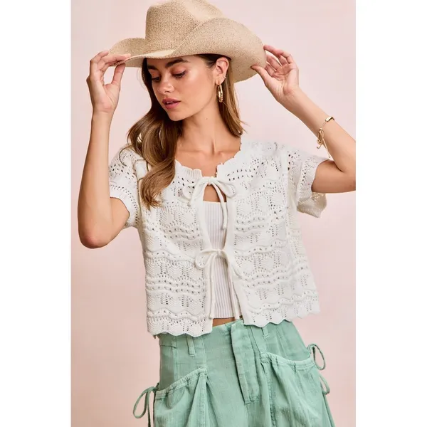 BiBi Front Bow Tie Detail Pointelle Knit Top - Ivory - XL - Image 9