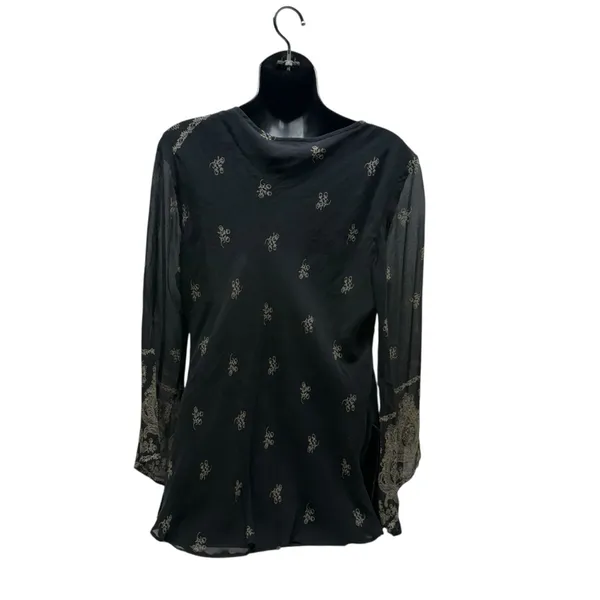 Y2K 100% Silk Boho Bell Sleeved Paisley Print V-Neck Blouse New York City CO - Image 5
