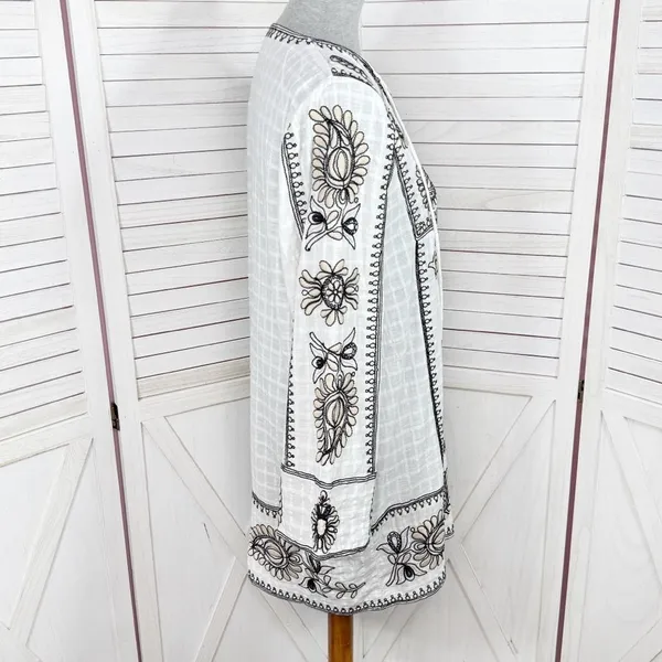 Zara Boho Embroidered Textured Cotton Tunic Shift Mini Dress White Tan Black XS‎ - Image 4