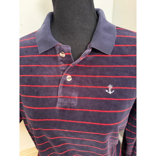 Vintage 80s Hartog Marine Club Velour Long Sleeve Polo Shirt Navy & Red Striped - Image 3