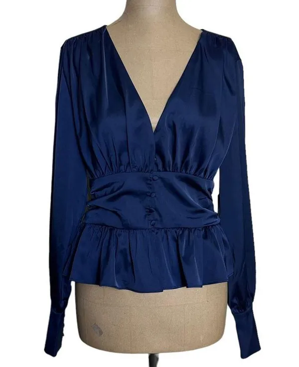 Jason Wu NWT Navy Satin Long Sleeve Corset Waist Blouse size Medium - Image 2