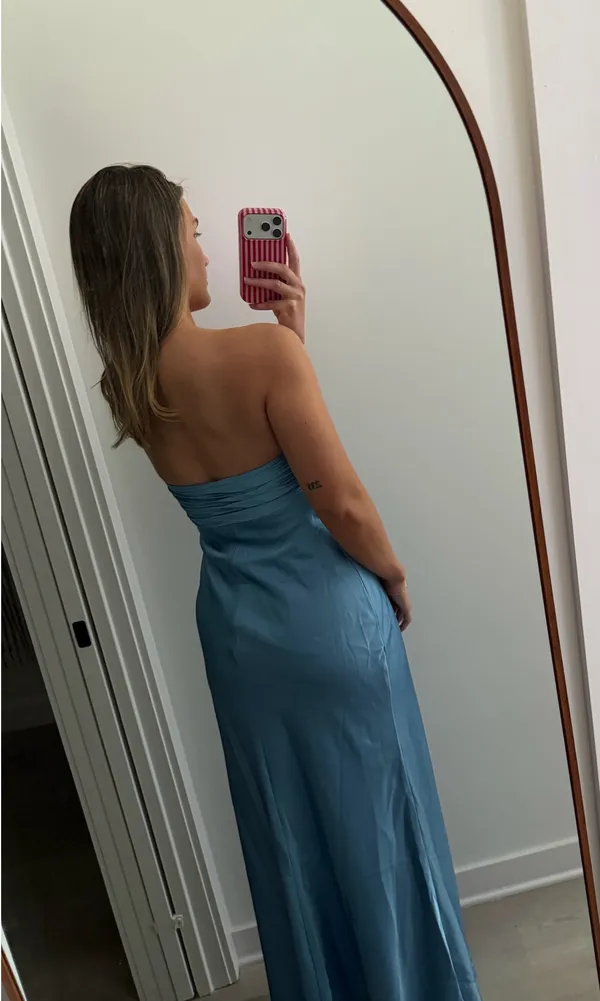 Azazie Bridesmaid Dress Satin Strapless with Neck Scarf - Image 3