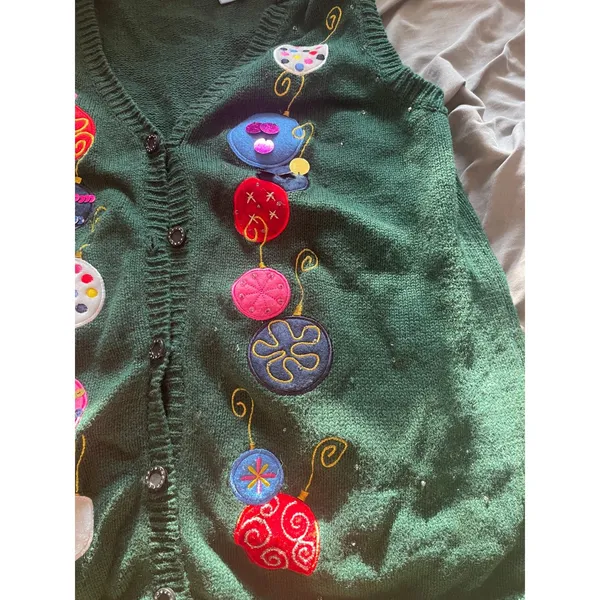 Vintage 90s Green Christmas Holiday Cardigan Sweater Vest Ugly Christmas Sweater - Image 5