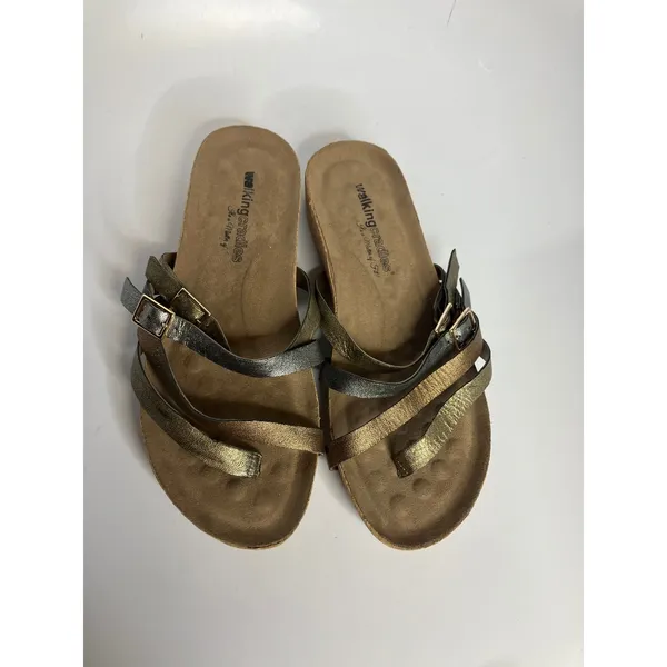 Walking Cradles Wedge‎ Sandals Womens 9W Metallic Gold Silver Bronze Strappy - Image 7