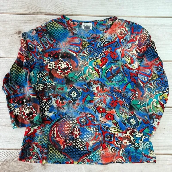Chico’s Bold Boho All Over Floral Print 3/4 Sleeve Top Whimsical Dopamine M-L - Image 6