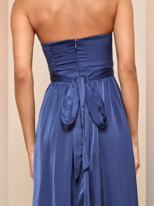 Lulus Lavish Elegance Navy Blue Satin Strapless Bubble-Hem Midi Dress, Size XS - Image 4