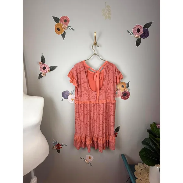 Anthropologie Coral Pink Ruffle Knit Mini Short Sleeve Dress - Size - Small - Image 5