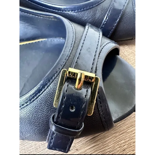 Ralph Lauren Madison Wedge Buckle Slip On Blue Peep Toe Shoes Women's Sz 8.5B‎ - Image 4