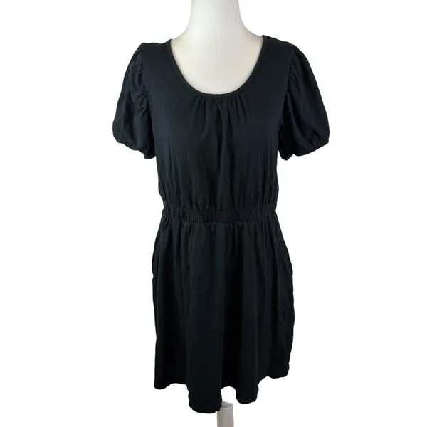 Daily Practice Anthropologie Cap‎ Sleeve Mini Dress Medium Black Slub Cotton - Image 2